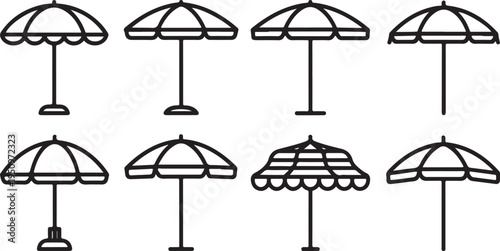 Various styles of umbrellas with different canopy designs and bases. Vector