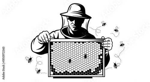 Beekeeper Holding Honeycomb Frame with Bees, Apiculture and Honey Production Vector