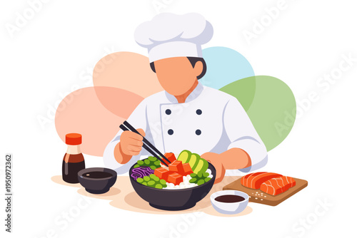 Chef preparing a healthy poke bowl with fresh ingredients.