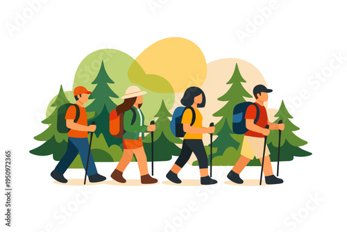 Group of hikers walking on a trail with backpacks and poles.