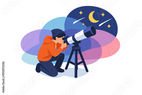 Person looking through telescope at night sky with stars and moon.