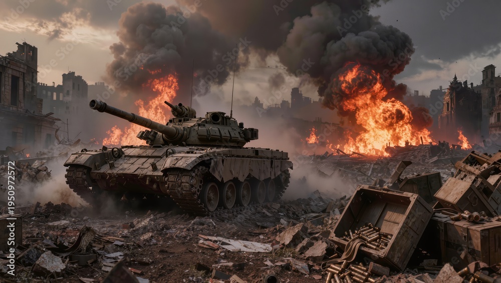 Obraz premium Heavy military tanks advancing through a battlefield with explosions and thick smoke in the background. Dramatic scene of modern warfare, destruction and armed conflict in a crisis zone.
