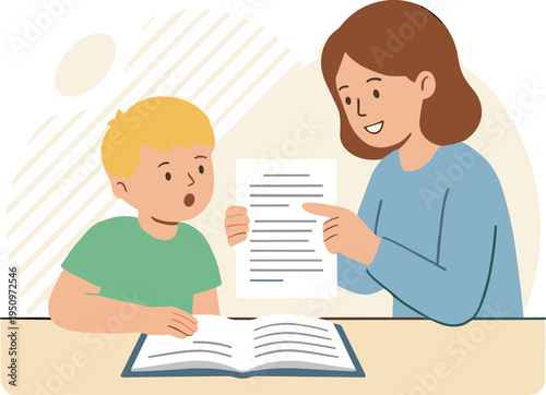 Woman teaching boy reading book at table indoors