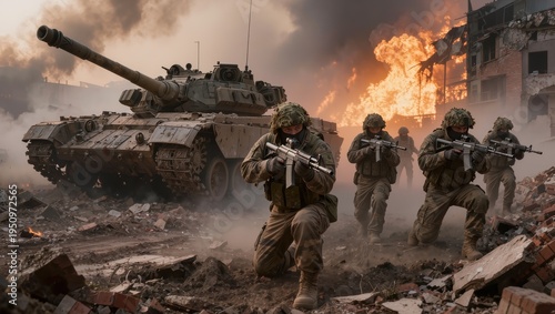 Heavy military tanks advancing through a battlefield with explosions and thick smoke in the background. Dramatic scene of modern warfare, destruction and armed conflict in a crisis zone.