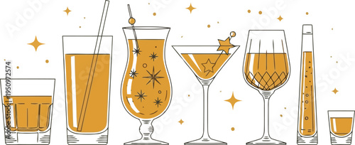 A collection of glasses with yellow liquid and gold stars