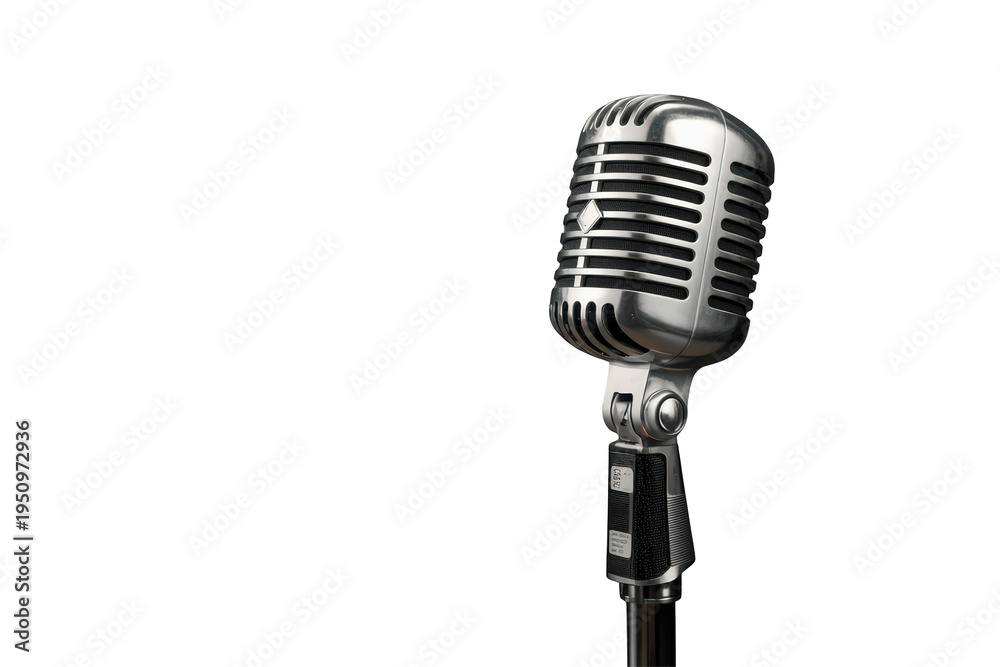 Fototapeta premium Vintage silver microphone on stand for broadcasting, podcasting, music, audio recording, and entertainment
