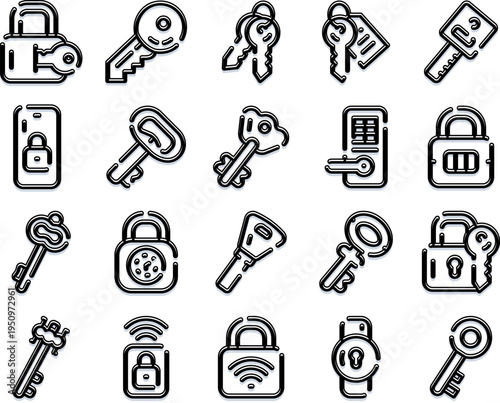 Set of minimalist line icons illustrating various concepts of security, protection, and access control, including different types of keys, locks, smart devices, and digital locking mechanisms