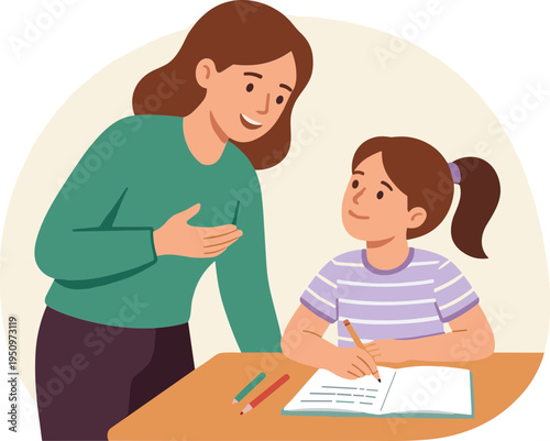 A woman teaches a young girl at a desk with a book and colored pencils.