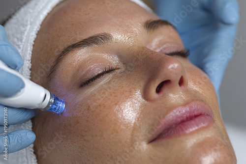 Hydrafacial machine treatment on woman face with closed eyes, showing smooth skin and gentle care by professional wearing blue gloves in spa or clinic setting