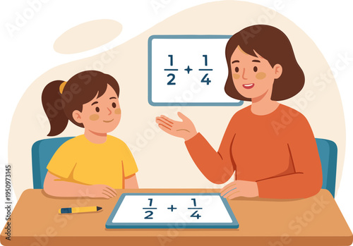 A teacher explains fractions to a student at a desk with a whiteboard.