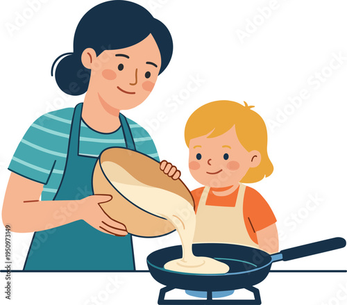 Woman and child cooking pancakes together in kitchen