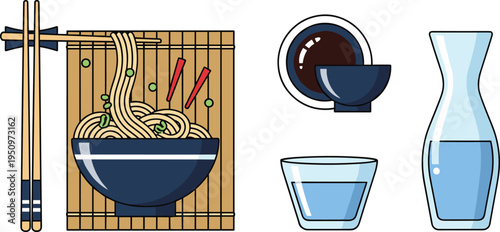 Asian Noodle Meal Set with Ramen Bowl Chopsticks Soy Sauce Water Glass and Sake Bottle Traditional Cuisine Vector Illustration