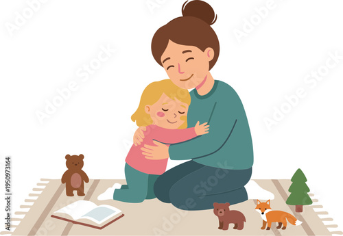 Woman hugs little girl with animals and book on mat in forest
