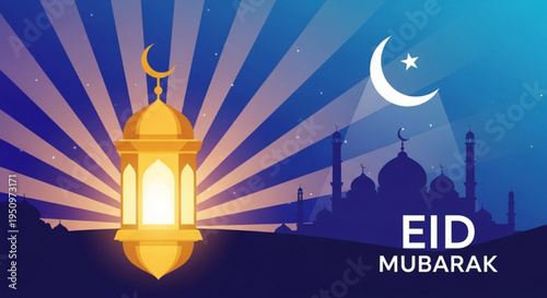Eid mubarak celebration with glowing lantern and mosque silhouette at sunset with crescent moon