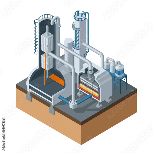 Isometric illustration of a complex industrial plant with multiple interconnected units, including a furnace, distillation column, and storage tanks, set against a cross-section of the earth.