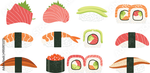 Japanese Sushi Collection with Salmon Nigiri Maki Rolls Shrimp Sushi and Traditional Japanese Food Vector Illustration Set