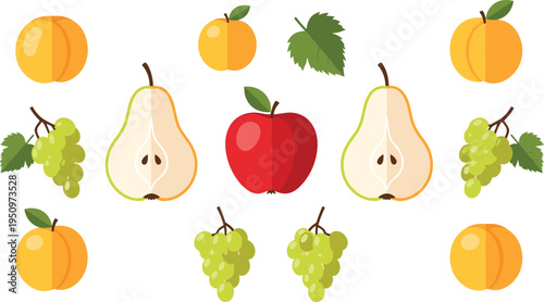 Fresh Fruits Collection Featuring Apple Pear Grapes and Peaches for Healthy Food Nutrition Organic Farming Produce Market and Cooking Ingredient Illustration.