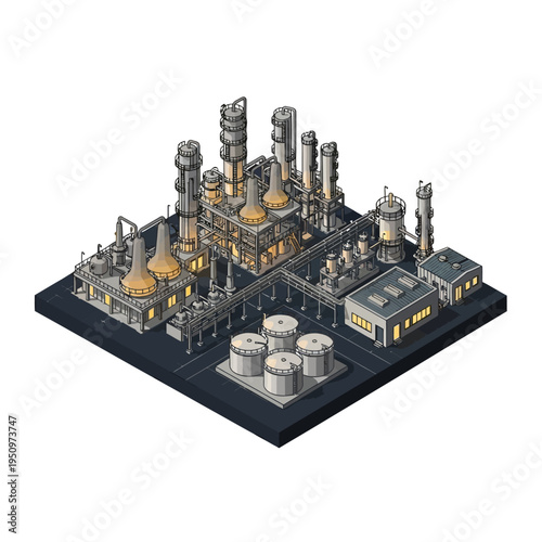 Isometric illustration of a complex industrial refinery complex with multiple towers, tanks, and buildings under a dark sky.