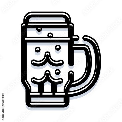Stylized black and white line art depicting a classic glass mug filled with frothy beverage, featuring a prominent handle and minimalist foam details, ideal for themed designs and web elements