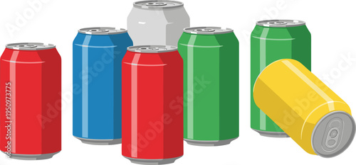 Colorful Aluminum Soda Can Collection with Red Blue Green Yellow and Silver Beverage Cans for Soft Drink Packaging Product Mockup and Refreshment Illustration.