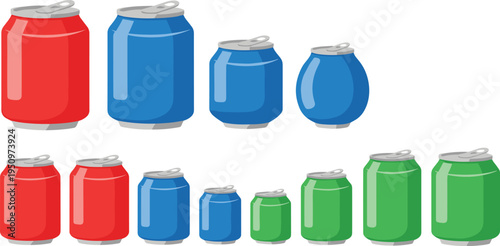 Aluminum Soda Can Collection in Various Sizes Featuring Red Blue and Green Beverage Cans for Soft Drink Packaging Design and Refreshment Product Illustration.