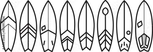 A variety of surfboards with unique designs and patterns on display Vector
