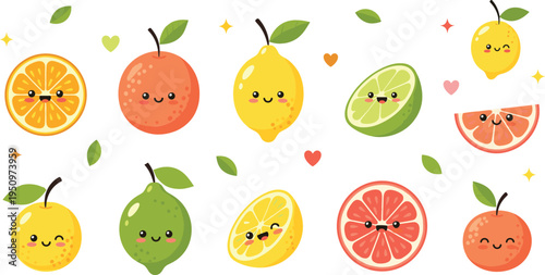 Cute kawaii citrus fruits vector illustration with smiling orange, lemon, lime and grapefruit characters, colorful healthy food cartoon collection design