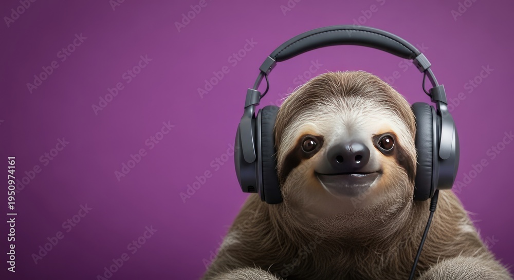 Fototapeta premium A sloth wearing headphones and enjoying music on a purple background