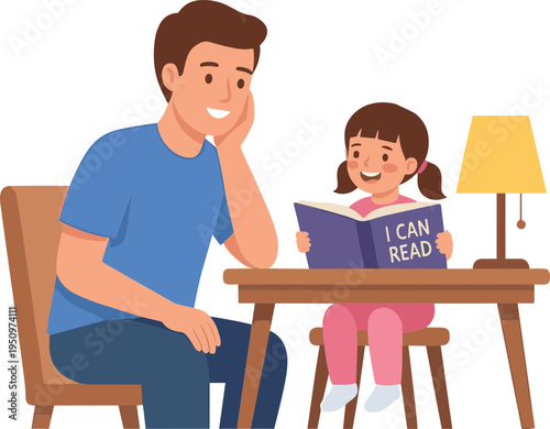 A smiling man reads a book with a little girl sitting at a desk