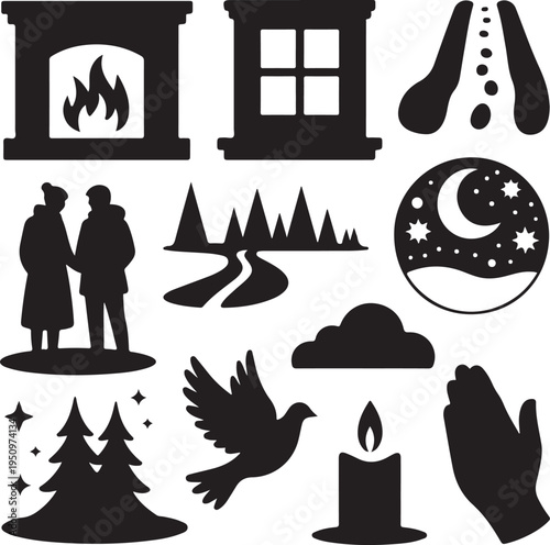 black silhouette icons of various winter and nature symbols