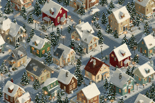 Winter village with snow covered houses and pine trees under streetlights, creating cozy festive atmosphere in seamless isometric pattern