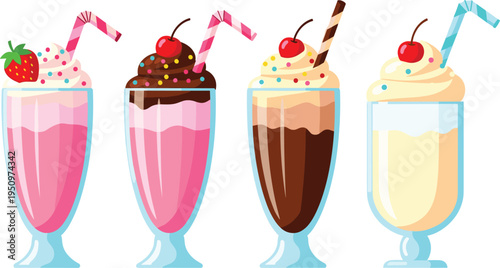 Colorful Milkshake Dessert Drinks Set Featuring Strawberry Chocolate Vanilla and Cherry Topped Shakes for Sweet Cafe Menu Summer Treat and Beverage Illustration.