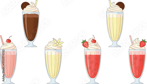 Milkshake Dessert Drinks Collection Featuring Chocolate Vanilla Strawberry and Cherry Topped Shakes for Sweet Treat Menu Cafe Beverage and Summer Dessert Illustration.