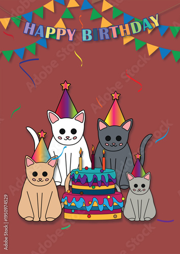 Birthday Party Cats With Colorful Cake and Party Hats Cute Festive Illustration