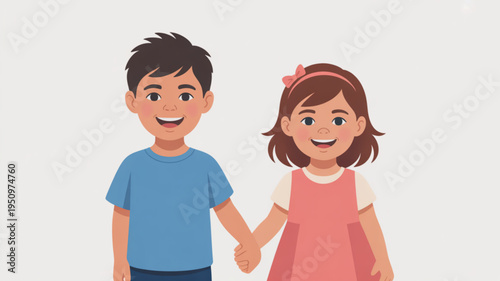 Smiling boy and girl holding hands happy siblings or friends illustration concept of childhood and togetherness isolated on white background