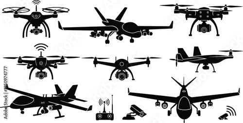Drone and aircraft silhouettes vector illustration set with quadcopters, military UAV, remote control systems and aviation technology icons collection