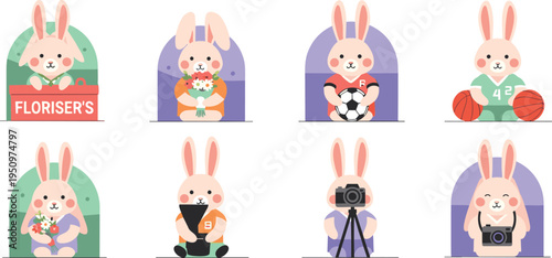 Cute Bunny Profession Characters Set Featuring Florist Chef Athlete Artist Photographer and Musician Rabbits for Kids Storybooks Educational Graphics and Creative Design.