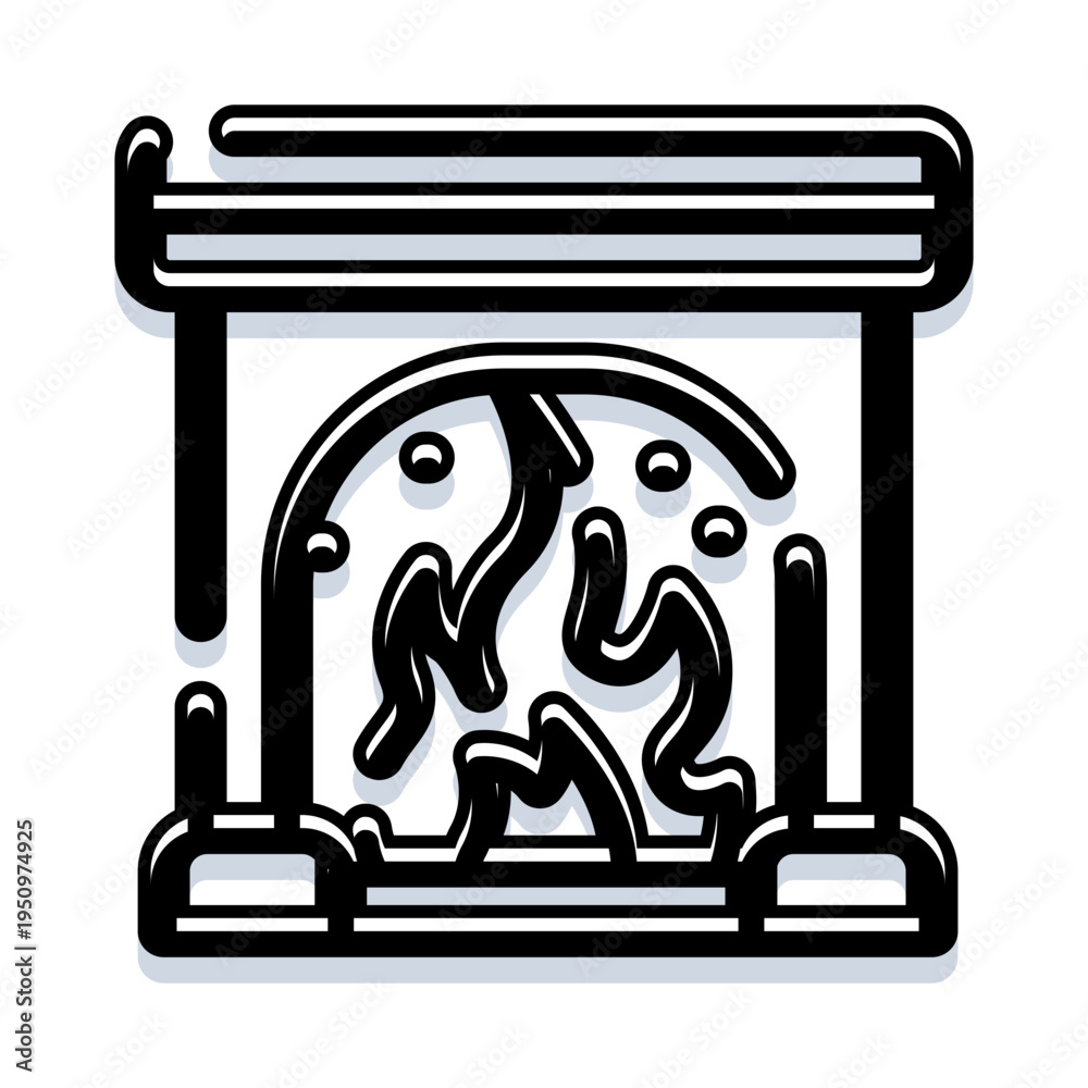 Fototapeta premium Fireplace icon with dancing flames and glowing hearth, symbolizing home warmth, cozy comfort and relaxation during cold seasons, minimalist black and white vector design