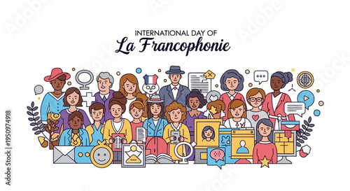 Illustration celebrating International Day of La Francophonie with diverse people and French language symbols in a colorful design.