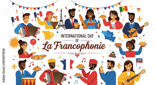 Illustration celebrating International Day of La Francophonie with diverse people playing musical instruments and flags, conveying a joyful mood with colorful flat design elements on a