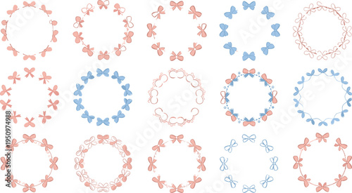 Floral and butterfly wreath collection vector illustration with delicate pastel frames, decorative round borders for wedding, invitation and romantic design