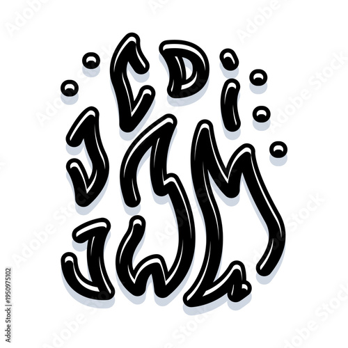 Stylized black and white bubble letters forming a graffiti inspired design, showcasing urban typography and underground culture with a shiny hand drawn effect