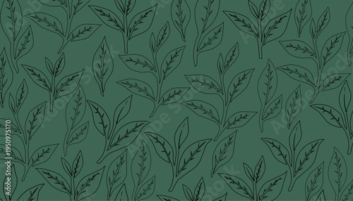 Green Tea Seamless Pattern Design. Tea Leaf Repeating Background Illustration. Hand Drawn Botanical Style. Organic Herbal Texture Pattern. Background For Packaging Textile.