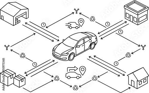 Isometric line art vector of connected car ecosystem, fleet management and logistics network