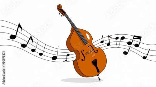 Acoustic double bass instrument with flowing musical notes representing classical music and orchestral performance perfect for concert promotion and educational materials