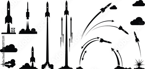 Rocket launch silhouettes vector illustration set with space shuttle takeoff, flight paths and smoke trails, aerospace technology and space exploration icons