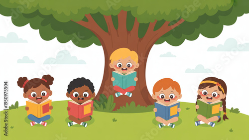 Diverse group of children reading books under a large tree symbolizing education and imagination perfect for childrens books and learning concepts