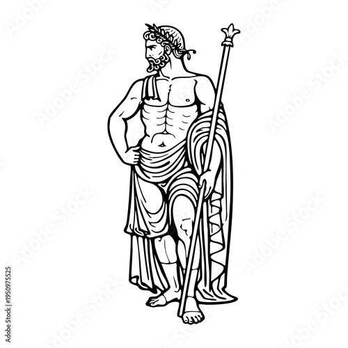 Adobe Illustrator Artwork - Ancient Greek king holding scepter, classical robe and laurel wreath, black and white line art illustration isolated on white background.