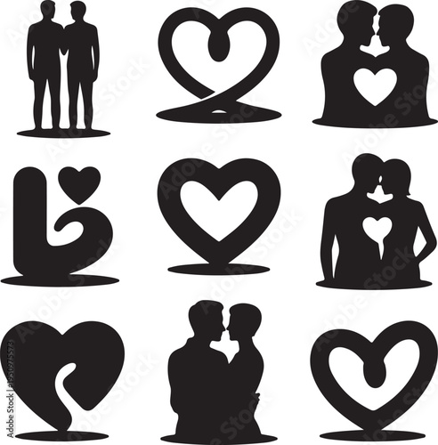 Black silhouettes of couples and hearts on white background