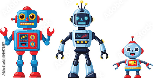 Retro Cartoon Robot Characters Set Featuring Colorful Friendly Android Mascots for Kids Technology Robotics Education Sci Fi Illustrations and Creative Design.